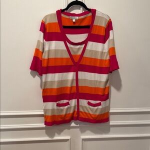 Joseph A. Twin Set Size XL Pink Orange Tan Striped Shell & Cardigan